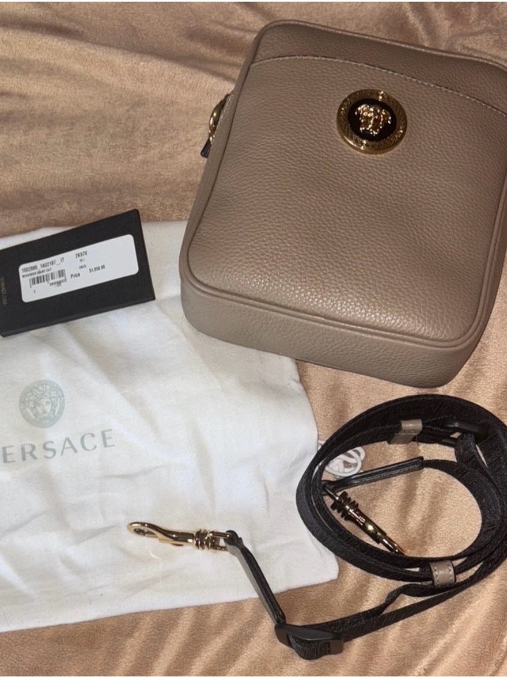 Versace Taupe Pebbled Leather Crossbody with Gold Medusa Logo